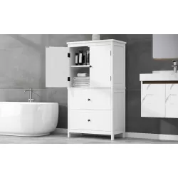 Bathroom Storage Cabinet, Cabinet with Two Doors and Drawers, Adjustable Shelf, MDF Board, White