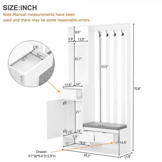 ON-TREND Contemporary 39.3''Wx70.8''H Hall Tree Storage with Cushioned Storage Bench, Multifunctional Hallway Shoe Cabinet with Pegboard, Modern Coat Rack with 4 Hooks for Entryway, Mudroom, White ON-TREND Contemporary 39.3''Wx70.8''H Hall Tree Storage with Cushioned Storage Bench, Multifunctional Hallway Shoe Cabinet with Pegboard, Modern Coat Rack with 4 Hooks for Entryway, Mudroom, White