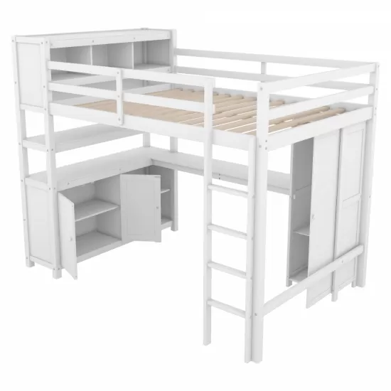 Wood Loft Bed with Cabinet and Bookshelf, Full Size Loft with Wardrobe and Desk for Kids,White (Expect Arrival Date 2024/8/25) Wood Loft Bed with Cabinet and Bookshelf, Full Size Loft with Wardrobe and Desk for Kids,White (Expect Arrival Date 2024/8/25)