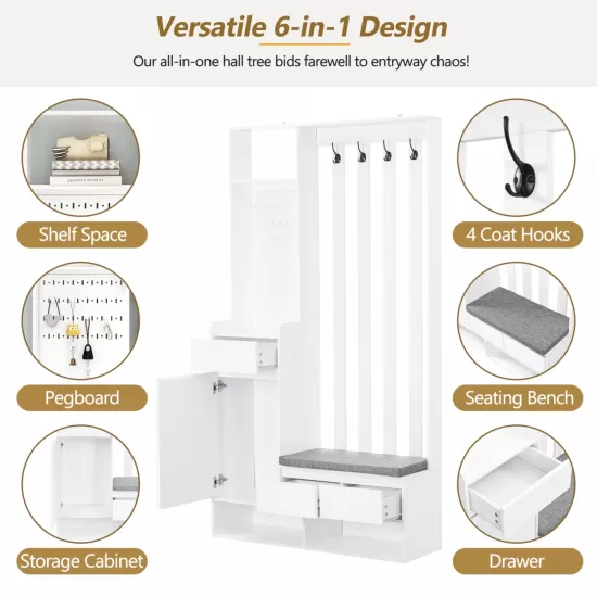 ON-TREND Contemporary 39.3''Wx70.8''H Hall Tree Storage with Cushioned Storage Bench, Multifunctional Hallway Shoe Cabinet with Pegboard, Modern Coat Rack with 4 Hooks for Entryway, Mudroom, White ON-TREND Contemporary 39.3''Wx70.8''H Hall Tree Storage with Cushioned Storage Bench, Multifunctional Hallway Shoe Cabinet with Pegboard, Modern Coat Rack with 4 Hooks for Entryway, Mudroom, White