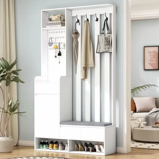 ON-TREND Contemporary 39.3''Wx70.8''H Hall Tree Storage with Cushioned Storage Bench, Multifunctional Hallway Shoe Cabinet with Pegboard, Modern Coat Rack with 4 Hooks for Entryway, Mudroom, White ON-TREND Contemporary 39.3''Wx70.8''H Hall Tree Storage with Cushioned Storage Bench, Multifunctional Hallway Shoe Cabinet with Pegboard, Modern Coat Rack with 4 Hooks for Entryway, Mudroom, White