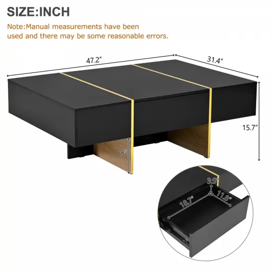 ON-TREND 47.2'' x 31.4''Minimalist High Gloss Coffee Table with 2 Drawers, Multi-Storage Rectangle Sofa Table with Golden Wood Grain Legs, Modern Center Table for Living Room, Black ON-TREND 47.2'' x 31.4''Minimalist High Gloss Coffee Table with 2 Drawers, Multi-Storage Rectangle Sofa Table with Golden Wood Grain Legs, Modern Center Table for Living Room, Black