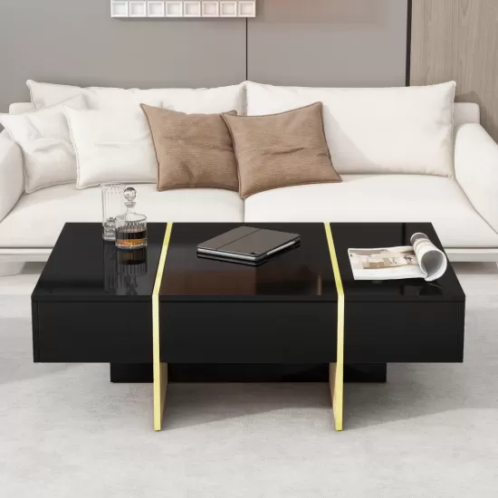 ON-TREND 47.2'' x 31.4''Minimalist High Gloss Coffee Table with 2 Drawers, Multi-Storage Rectangle Sofa Table with Golden Wood Grain Legs, Modern Center Table for Living Room, Black ON-TREND 47.2'' x 31.4''Minimalist High Gloss Coffee Table with 2 Drawers, Multi-Storage Rectangle Sofa Table with Golden Wood Grain Legs, Modern Center Table for Living Room, Black