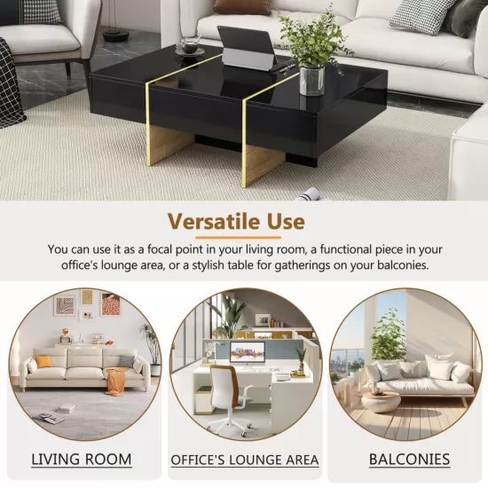 ON-TREND 47.2'' x 31.4''Minimalist High Gloss Coffee Table with 2 Drawers, Multi-Storage Rectangle Sofa Table with Golden Wood Grain Legs, Modern Center Table for Living Room, Black ON-TREND 47.2'' x 31.4''Minimalist High Gloss Coffee Table with 2 Drawers, Multi-Storage Rectangle Sofa Table with Golden Wood Grain Legs, Modern Center Table for Living Room, Black