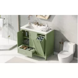 36 Bathroom Vanity with Sink, One Cabinet with Two doors and One Big Drawer and One Flip Drawer, Solid Wood and MDF Board, Green 36 Bathroom Vanity with Sink, One Cabinet with Two doors and One Big Drawer and One Flip Drawer, Solid Wood and MDF Board, Green
