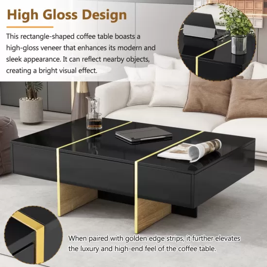 ON-TREND 47.2'' x 31.4''Minimalist High Gloss Coffee Table with 2 Drawers, Multi-Storage Rectangle Sofa Table with Golden Wood Grain Legs, Modern Center Table for Living Room, Black ON-TREND 47.2'' x 31.4''Minimalist High Gloss Coffee Table with 2 Drawers, Multi-Storage Rectangle Sofa Table with Golden Wood Grain Legs, Modern Center Table for Living Room, Black