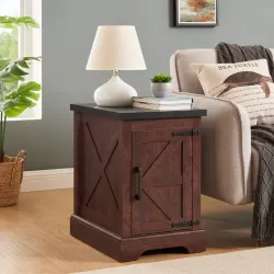 Farmhouse end table Nightstand Rectangular Farmhouse End Table with Barn Door and Adjustable Storage Shelf, Rustic Sofa Side Table for Living Room, Bedroom, OAK