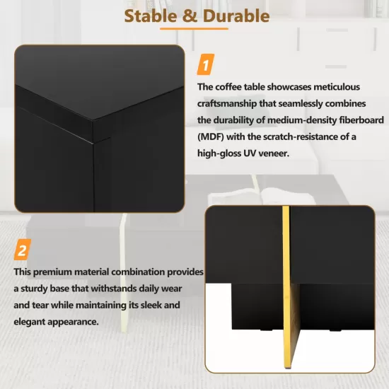ON-TREND 47.2'' x 31.4''Minimalist High Gloss Coffee Table with 2 Drawers, Multi-Storage Rectangle Sofa Table with Golden Wood Grain Legs, Modern Center Table for Living Room, Black ON-TREND 47.2'' x 31.4''Minimalist High Gloss Coffee Table with 2 Drawers, Multi-Storage Rectangle Sofa Table with Golden Wood Grain Legs, Modern Center Table for Living Room, Black