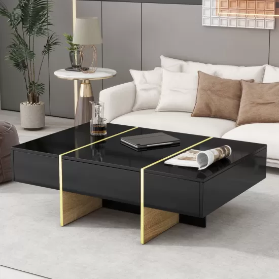 ON-TREND 47.2'' x 31.4''Minimalist High Gloss Coffee Table with 2 Drawers, Multi-Storage Rectangle Sofa Table with Golden Wood Grain Legs, Modern Center Table for Living Room, Black ON-TREND 47.2'' x 31.4''Minimalist High Gloss Coffee Table with 2 Drawers, Multi-Storage Rectangle Sofa Table with Golden Wood Grain Legs, Modern Center Table for Living Room, Black