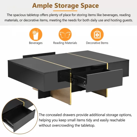 ON-TREND 47.2'' x 31.4''Minimalist High Gloss Coffee Table with 2 Drawers, Multi-Storage Rectangle Sofa Table with Golden Wood Grain Legs, Modern Center Table for Living Room, Black ON-TREND 47.2'' x 31.4''Minimalist High Gloss Coffee Table with 2 Drawers, Multi-Storage Rectangle Sofa Table with Golden Wood Grain Legs, Modern Center Table for Living Room, Black