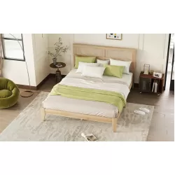Queen Size Rubber Wooden, Solid Wooden Bed with Rattan Headboard, Enhanced by Support Feet