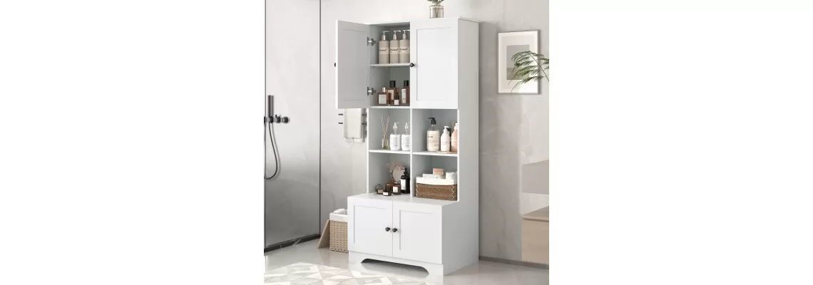 Tall and Wide White Bathroom Floor Storage Cabinet with Adjustable Shelves and 4 Doors
Tall and Wide White Bathroom Floor Storage Cabinet with Adjustable Shelves and 4 Doors