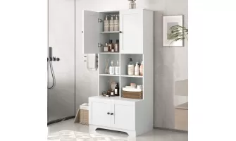   

Tall and Wide White Bathroom Floor Storage Cabinet with Adjustable Shelves and 4 Doors