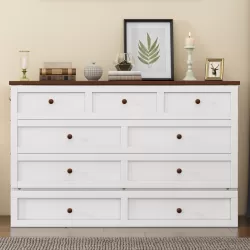 Solid Pine Murphy Bed Chest with Charging Station and Large Storage Drawer for Home Office or Small Room , Queen, White+Walnut