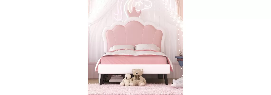   

Twin Size Upholstered Princess Bed with Crown Headboard and Storage Drawers – Pink & White Elegance