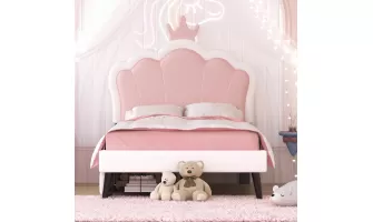   

Twin Size Upholstered Princess Bed with Crown Headboard and Storage Drawers – Pink & White Elegance
