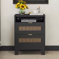 2-Drawer Farmhouse Wooden Nightstand with Wooden Strip Decoration and Metal Handle, Wood Side Table with Storage Cabinet for Bedroom, Black 2-Drawer Farmhouse Wooden Nightstand with Wooden Strip Decoration and Metal Handle, Wood Side Table with Storage Cabinet for Bedroom, Black