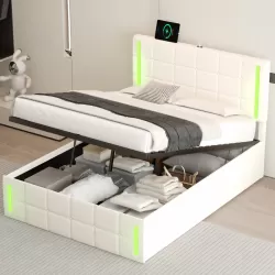 Full Size Upholstered Bed with LED Lights,Hydraulic Storage System and USB Charging Station,White