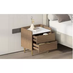 Wooden Nightstand with 2 Drawers and Marbling Worktop, Mordern Wood Bedside Table with Metal Legs&Handles, Walnut