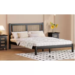 Queen Size Wooden Platform Bed with Natural Rattan Headboard, Exquisite Elegance with Minimalist Charm for Bedroom, Black