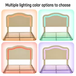 Full Size Velvet Upholstered Smart LED Bed Frame with Adjustable Height Headboard,No Box Spring Needed,Easy Assembly,Beige