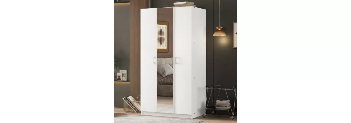Modern White 3-Door Wardrobe with Mirror and Shelves for Organized Storage