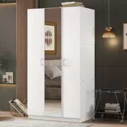 3 Door Wardrobe with Mirror, Armoire with Hanging Rod and 3 Fixed Shelves,White