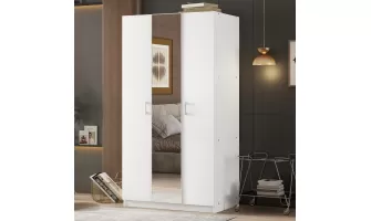 Modern White 3-Door Wardrobe with Mirror and Shelves for Organized Storage