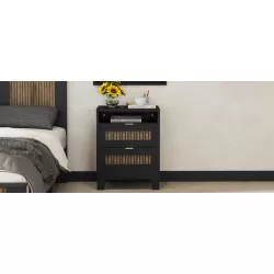 2-Drawer Farmhouse Wooden Nightstand with Wooden Strip Decoration and Metal Handle, Wood Side Table with Storage Cabinet for Bedroom, Black 2-Drawer Farmhouse Wooden Nightstand with Wooden Strip Decoration and Metal Handle, Wood Side Table with Storage Cabinet for Bedroom, Black