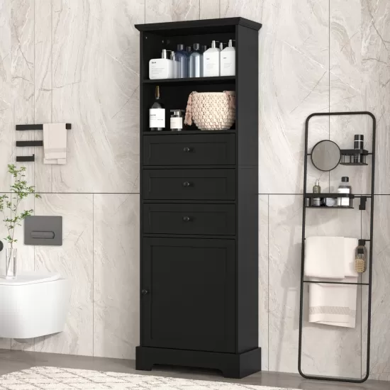 Black Tall Storage Cabinet with 3 Drawers and Adjustable Shelves for Bathroom, Study, Office and Interior, MDF Board with Painted Finish Black Tall Storage Cabinet with 3 Drawers and Adjustable Shelves for Bathroom, Study, Office and Interior, MDF Board with Painted Finish