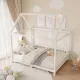 Wood Full Size House Bed with Guardrail and LED, White Wood Full Size House Bed with Guardrail and LED, White