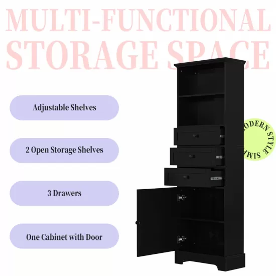 Black Tall Storage Cabinet with 3 Drawers and Adjustable Shelves for Bathroom, Study, Office and Interior, MDF Board with Painted Finish Black Tall Storage Cabinet with 3 Drawers and Adjustable Shelves for Bathroom, Study, Office and Interior, MDF Board with Painted Finish