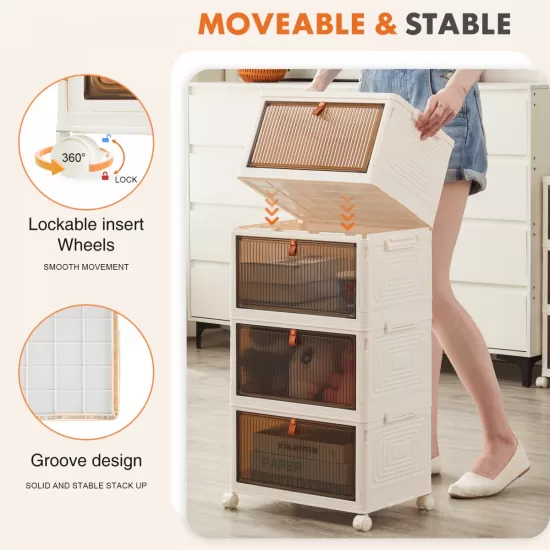 3 Tier Stackable Plastic Storage Bins with Lid - 23QT Foldable Organizers and Storage with Magnetic Doors & Lockable Wheels 3 Tier Stackable Plastic Storage Bins with Lid - 23QT Foldable Organizers and Storage with Magnetic Doors & Lockable Wheels