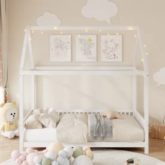 Wood Full Size House Bed with Guardrail and LED, White Wood Full Size House Bed with Guardrail and LED, White