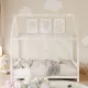 Wood Full Size House Bed with Guardrail and LED, White Wood Full Size House Bed with Guardrail and LED, White
