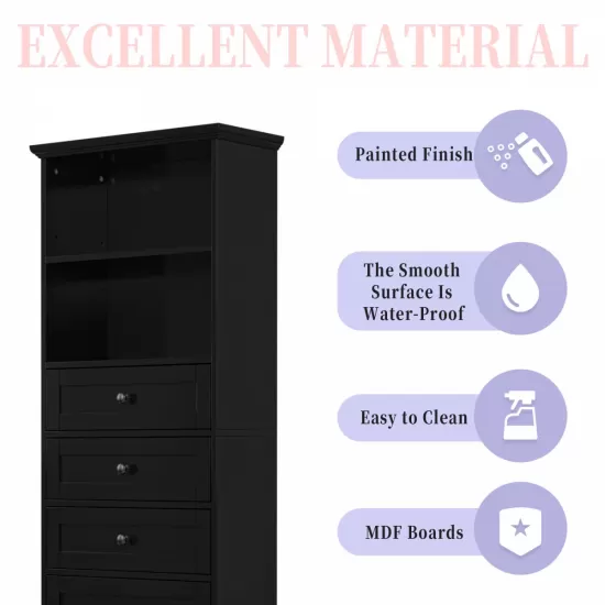 Black Tall Storage Cabinet with 3 Drawers and Adjustable Shelves for Bathroom, Study, Office and Interior, MDF Board with Painted Finish Black Tall Storage Cabinet with 3 Drawers and Adjustable Shelves for Bathroom, Study, Office and Interior, MDF Board with Painted Finish