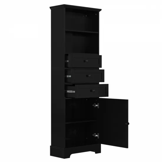 Black Tall Storage Cabinet with 3 Drawers and Adjustable Shelves for Bathroom, Study, Office and Interior, MDF Board with Painted Finish Black Tall Storage Cabinet with 3 Drawers and Adjustable Shelves for Bathroom, Study, Office and Interior, MDF Board with Painted Finish