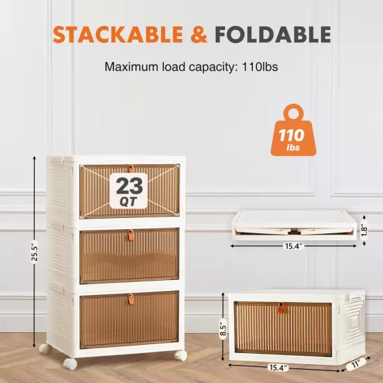 3 Tier Stackable Plastic Storage Bins with Lid - 23QT Foldable Organizers and Storage with Magnetic Doors & Lockable Wheels 3 Tier Stackable Plastic Storage Bins with Lid - 23QT Foldable Organizers and Storage with Magnetic Doors & Lockable Wheels