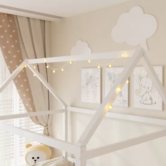 Wood Full Size House Bed with Guardrail and LED, White Wood Full Size House Bed with Guardrail and LED, White
