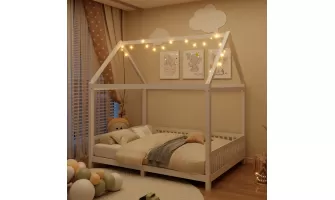 The Perfect White Wood Full Size House Bed with Guardrail and LED for Your Child's Room