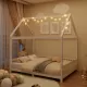 Wood Full Size House Bed with Guardrail and LED, White Wood Full Size House Bed with Guardrail and LED, White