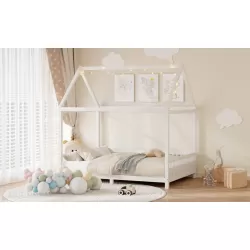 Wood Full Size House Bed with Guardrail and LED, White