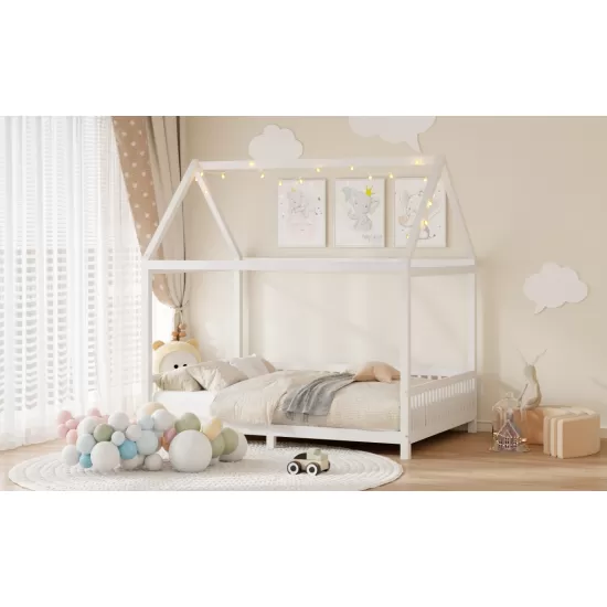 Wood Full Size House Bed with Guardrail and LED, White Wood Full Size House Bed with Guardrail and LED, White