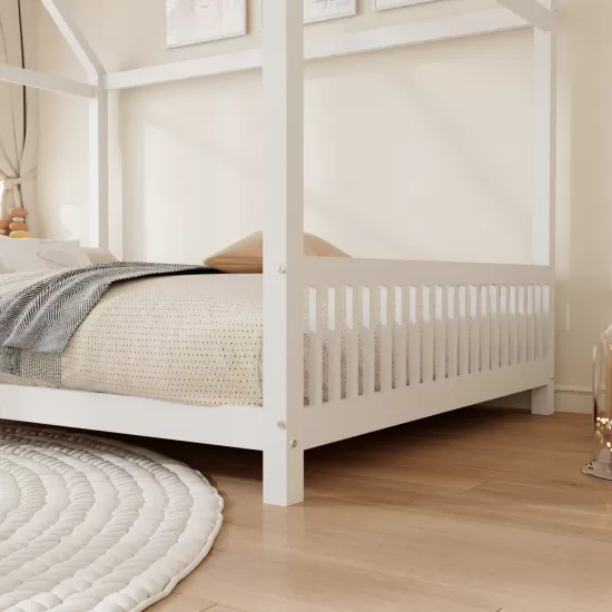 Wood Full Size House Bed with Guardrail and LED, White Wood Full Size House Bed with Guardrail and LED, White