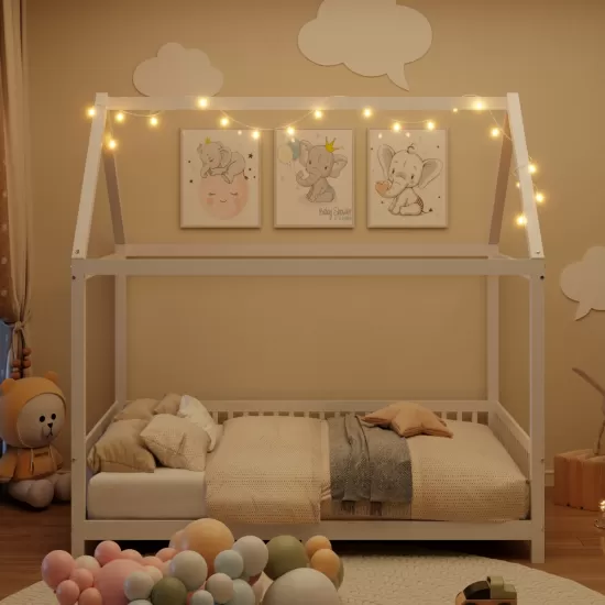 Wood Full Size House Bed with Guardrail and LED, White Wood Full Size House Bed with Guardrail and LED, White