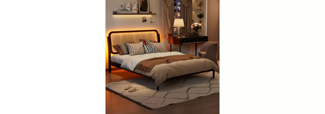 Modern Espresso Queen Size Wood Storage Platform Bed with LED Light and Rattan Headboard Modern Espresso Queen Size Wood Storage Platform Bed with LED Light and Rattan Headboard
