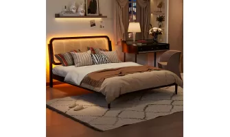 Modern Espresso Queen Size Wood Storage Platform Bed with LED Light and Rattan Headboard