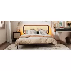 Queen Size Wood Storage Platform Bed with LED Light, Rattan Headboard, Espresso