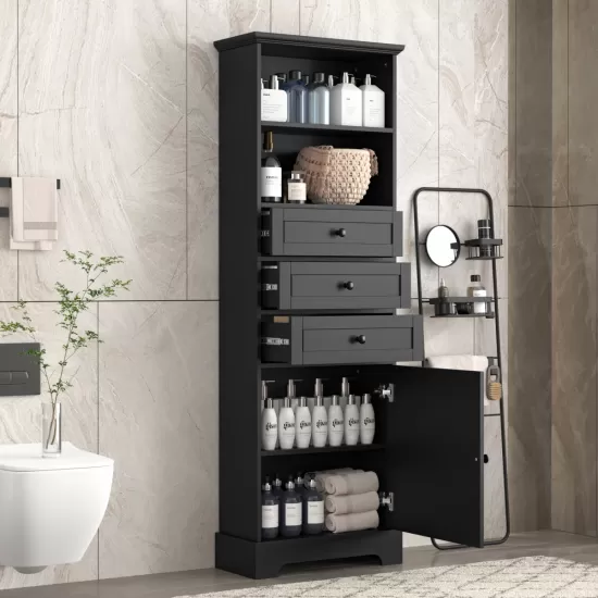 Black Tall Storage Cabinet with 3 Drawers and Adjustable Shelves for Bathroom, Study, Office and Interior, MDF Board with Painted Finish Black Tall Storage Cabinet with 3 Drawers and Adjustable Shelves for Bathroom, Study, Office and Interior, MDF Board with Painted Finish