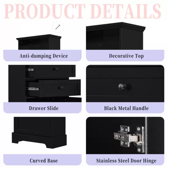 Black Tall Storage Cabinet with 3 Drawers and Adjustable Shelves for Bathroom, Study, Office and Interior, MDF Board with Painted Finish Black Tall Storage Cabinet with 3 Drawers and Adjustable Shelves for Bathroom, Study, Office and Interior, MDF Board with Painted Finish